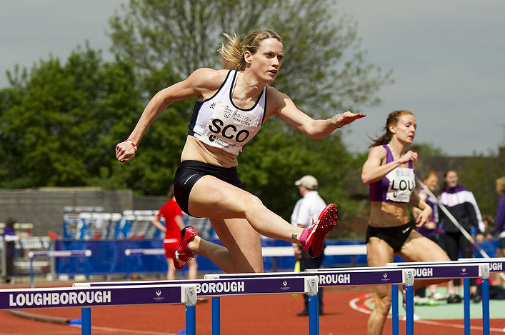 Eilidh Child jumping a hurdle at Loughbodough