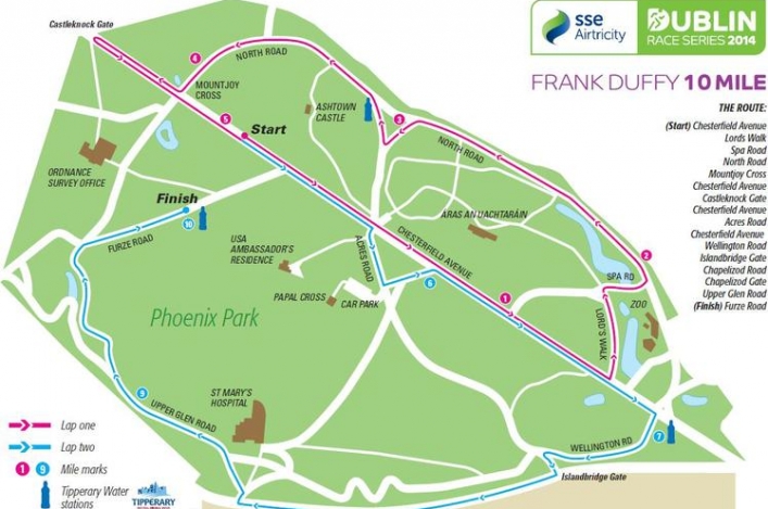 Map of course for Frank Duffy 10-Mile race in Dublin, Ireland