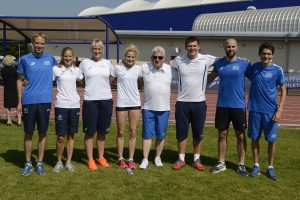 Team Scotland athletes and Stephen Maguire line up at Ayrshire Athletics Arena at Kilmarnock